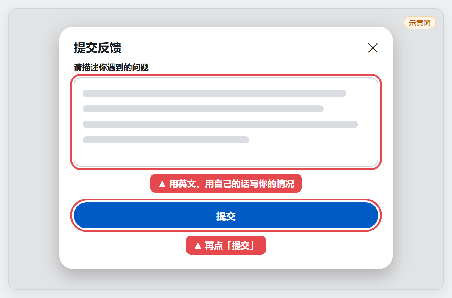 反馈表单里用英文写自己的情况并提交